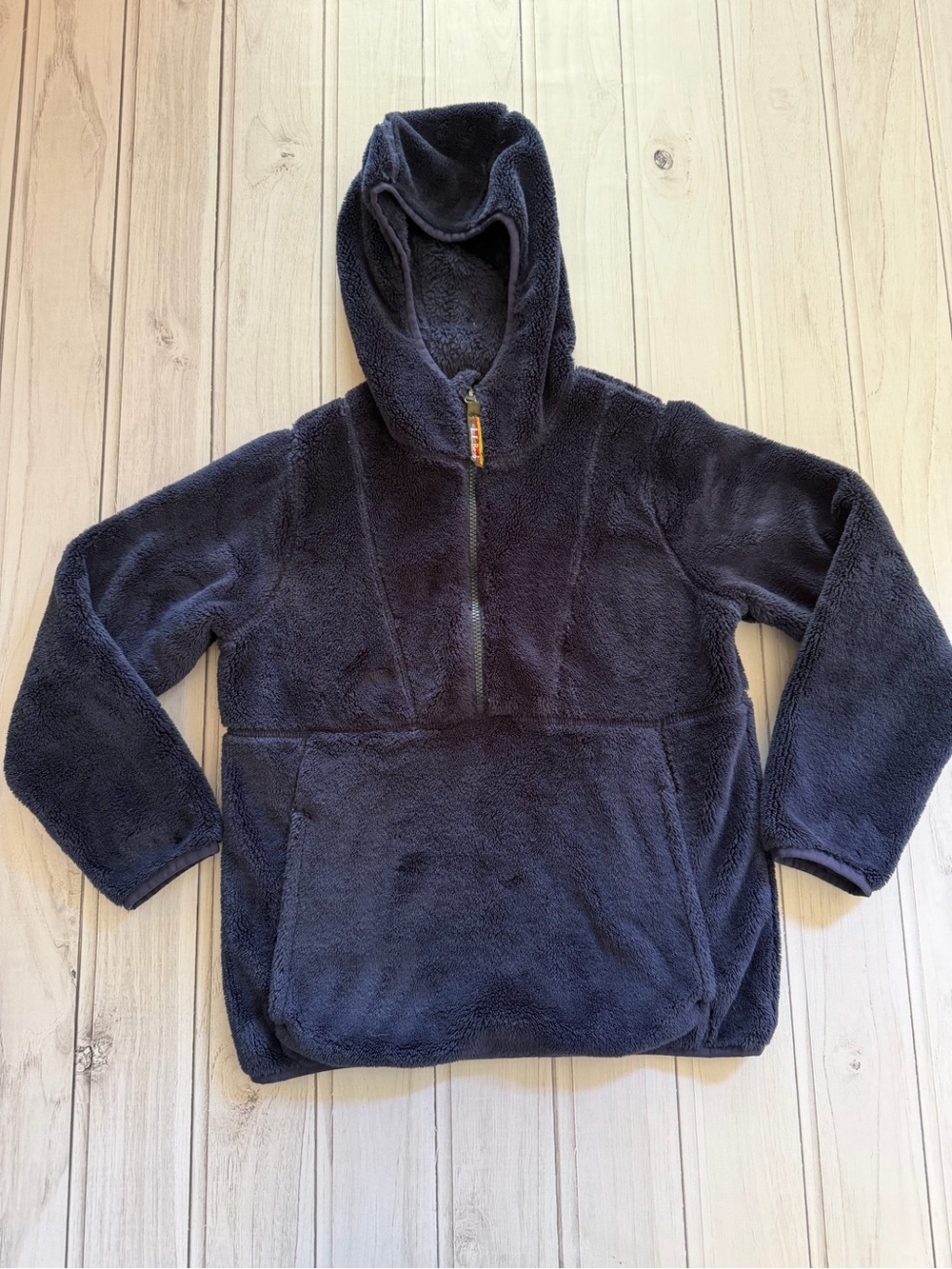 Kids L.L. Bean navy blue hi pile Sherpa fleece half zip hoodie.516264.Size 10-12